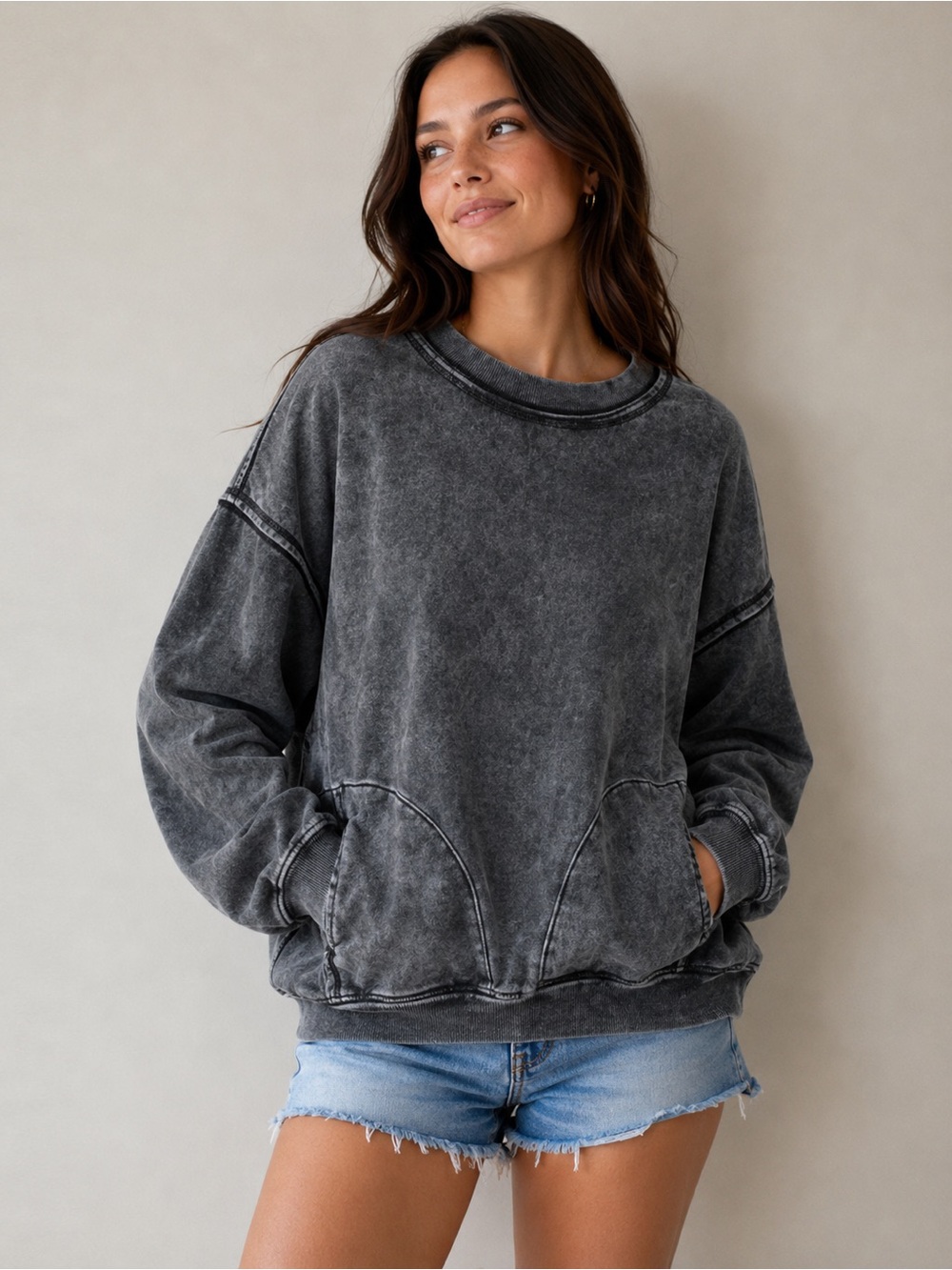 Zenana Outfitters Washed Navy Blue Pullover Sweatshirt with pockets rough seams
